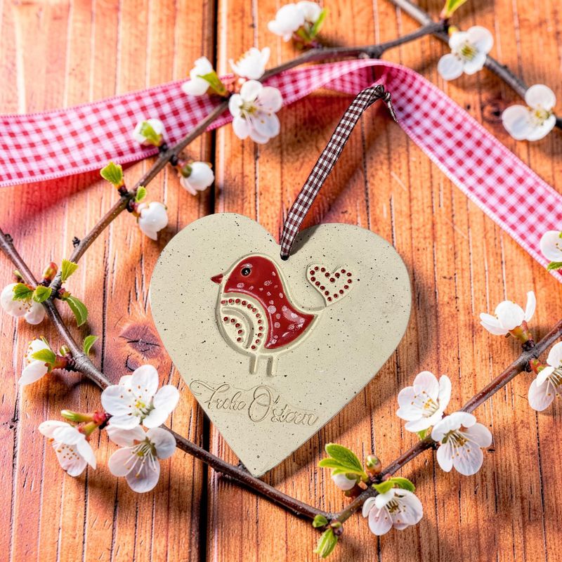 Keramikanhänger „Frohe Ostern“ mit Herzvogel