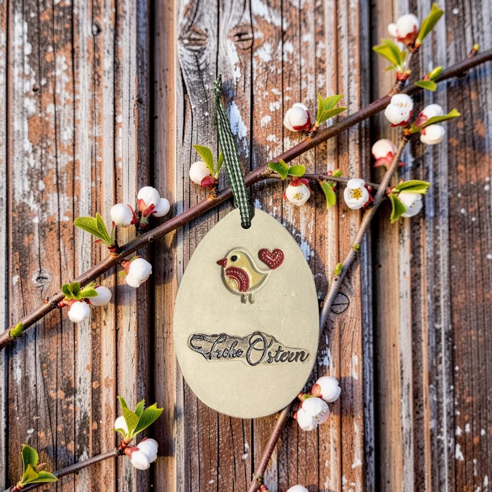 Keramikanhänger „Frohe Ostern“ mit Vögelchen