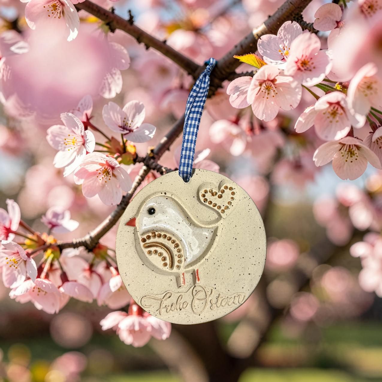 Keramikanhänger „Frohe Ostern“ mit Vögelchen – rund
