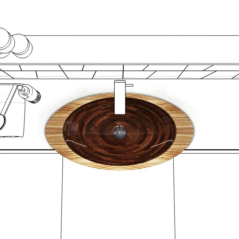 Oval wooden washbasin in walnut and zebrano