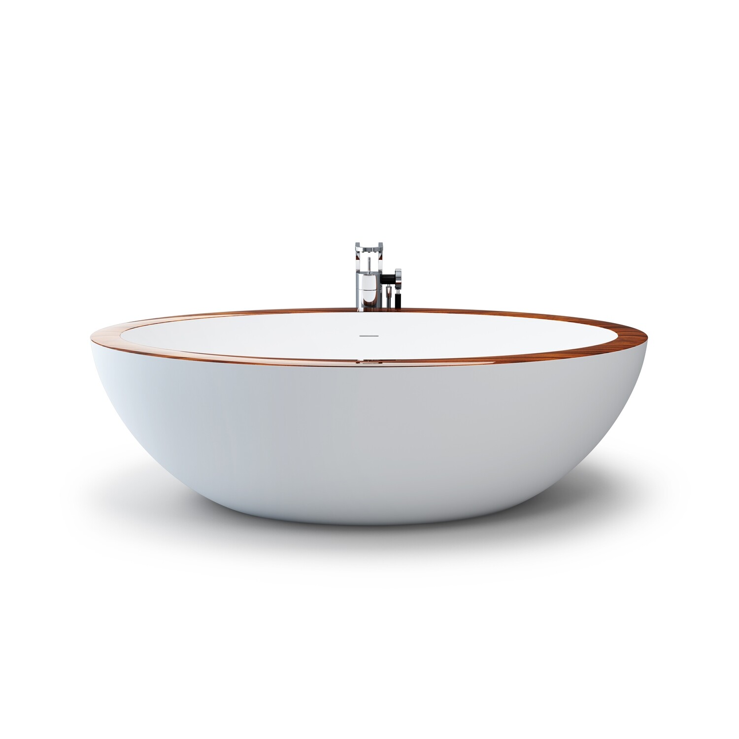 Freestanding bathtub in mineral cast and Santos rosewood