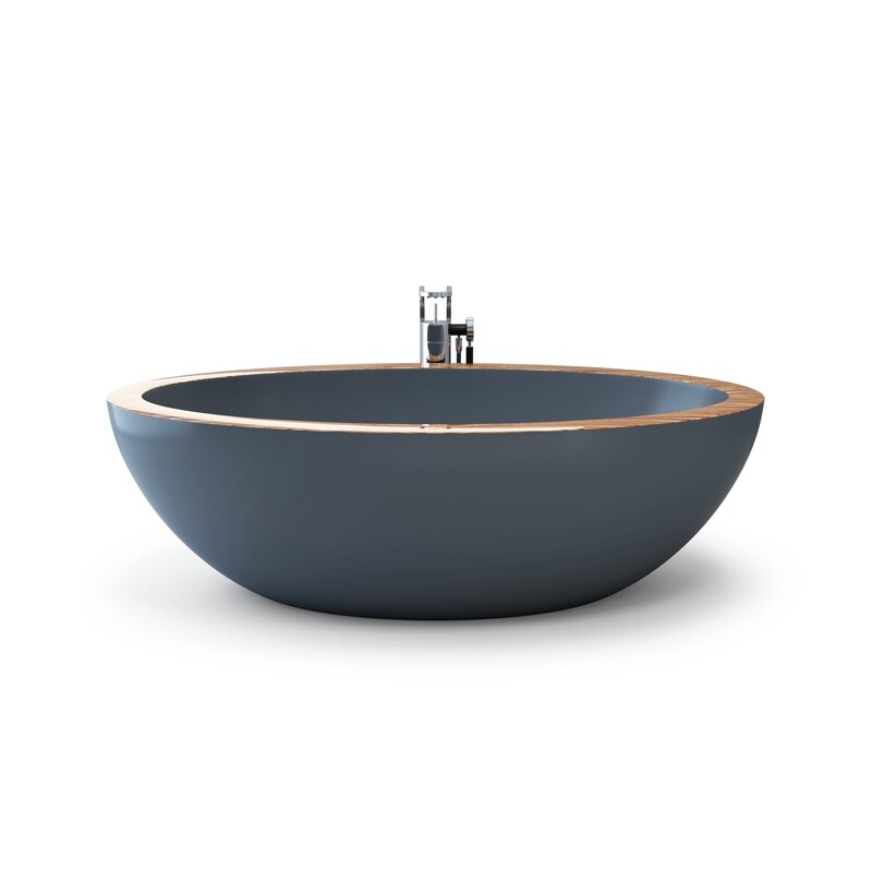 Free-standing bathtub made of mineral cast in concrete grey and zebrano
