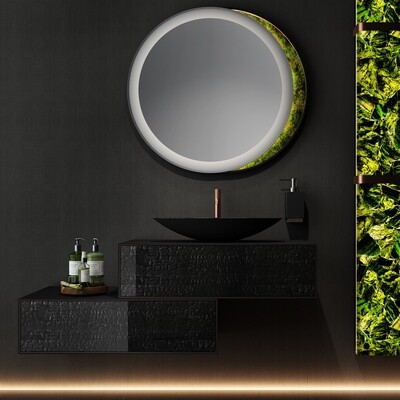 Round bathroom mirror with wild moss frame
