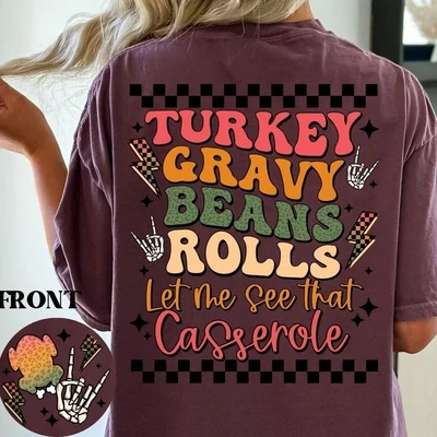 Turkey, gravy, beans, rolls