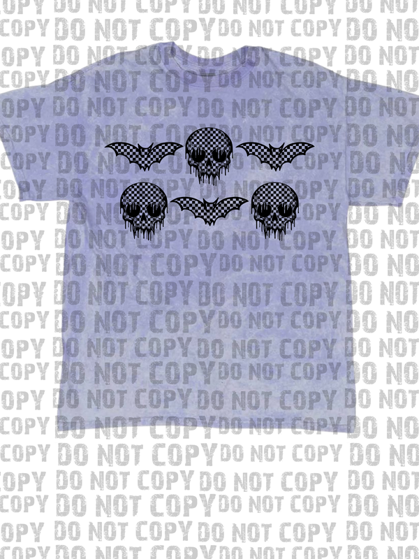 checkered skulls and bats (purple and black)