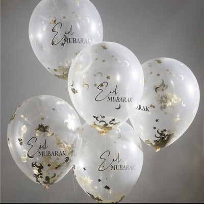 Eid Confetti Balloons - 12&quot; Latex white &amp; Gold 5pk