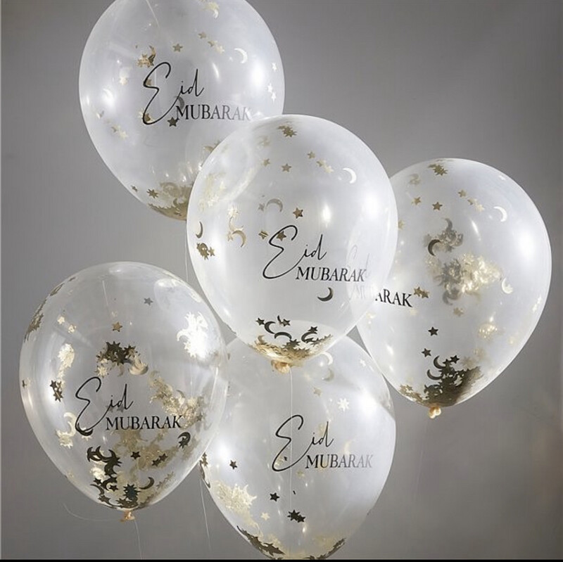 Eid Confetti Balloons - 12&quot; Latex white &amp; Gold 5pk