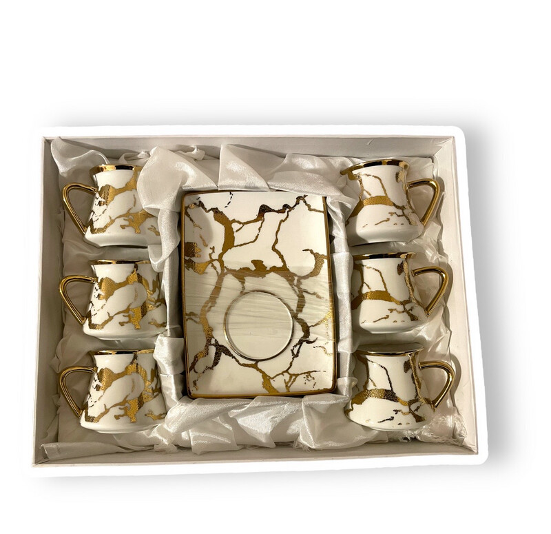 White &amp; Gold  Marble set of 6 Porcelain Coffee Cups with Saucers 80ml