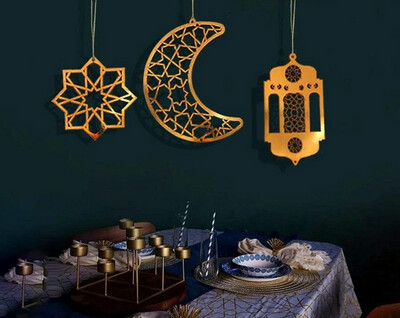 Ramadan Pendant Multi Shapes (Crescent and Lantern - Gold)