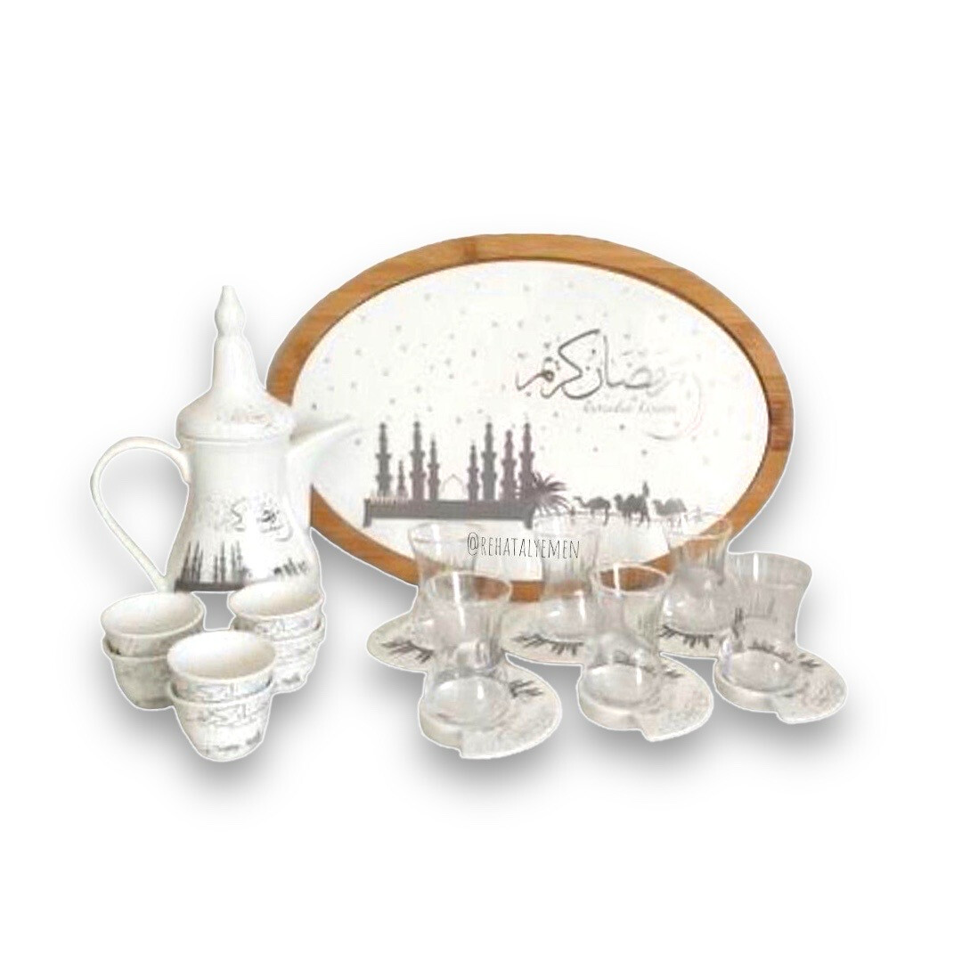 White Ramadan Kareem Tea and Coffee Set  طقم ابيض (رمضان كريم) صينية تقديم خشبية و إبريق قهوة من السيراميك وستة فناجين قهوة عربية  وستة فناجين شاي زجاجية رقيقة.​