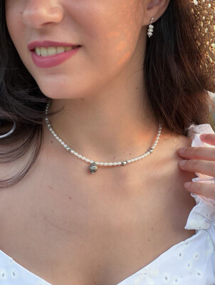 Pearl and silver with Jawza set of Necklace, Earrings and Bracelets طقم لول زراعي