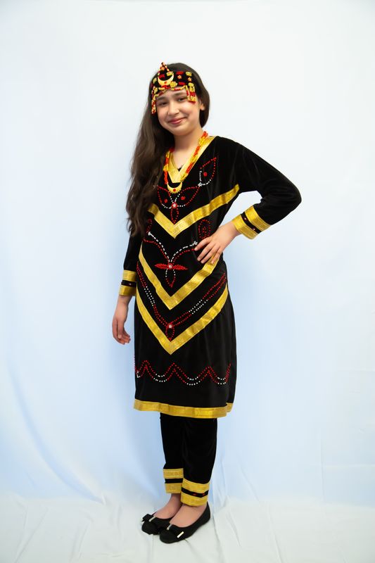 Velvet Tradition Two-Piece Yemeni Set with Beaded Crown &amp; Necklace. 9-10 years