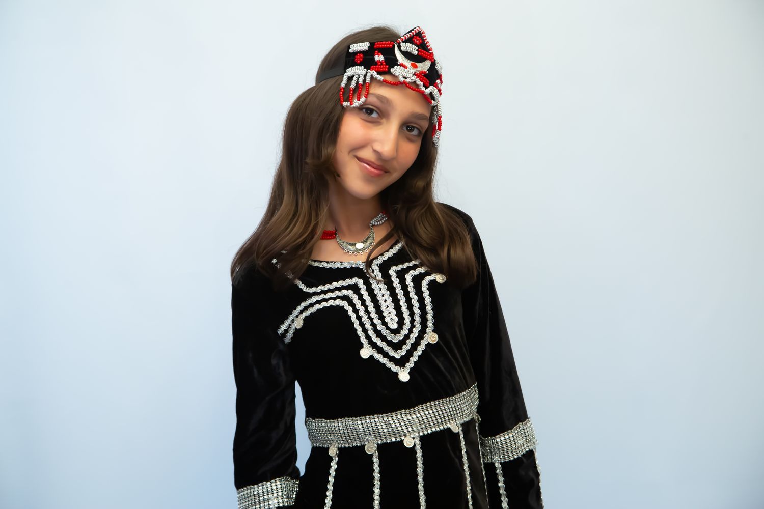 Traditional Yemeni Velvet Two-Piece Set for Girls (Ages 9 -10) | Silver Embroidered Tunic &amp; Trousers