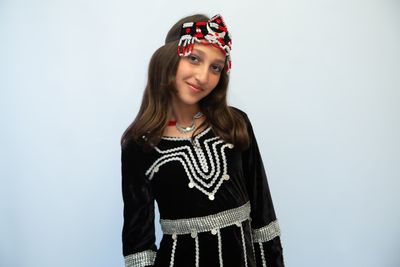 Traditional Yemeni Velvet Two-Piece Set for Girls (Ages 10-11) | Silver Embroidered Tunic &amp; Trousers