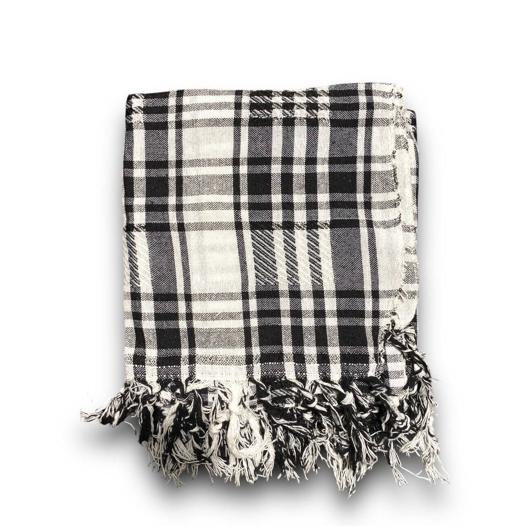 Traditional Plaid Shawl - Black &amp; White with Tassels