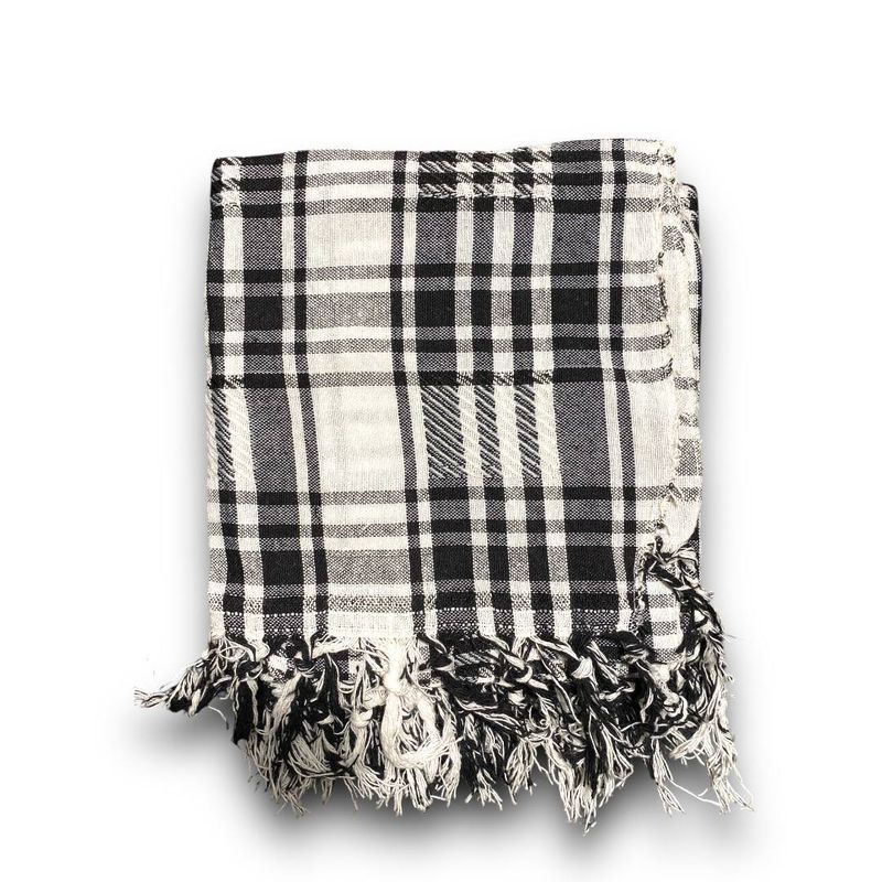 Traditional Plaid Shawl - Black &amp; White with Tassels