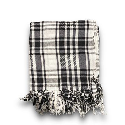 Traditional Plaid Shawl - Black &amp; White with Tassels