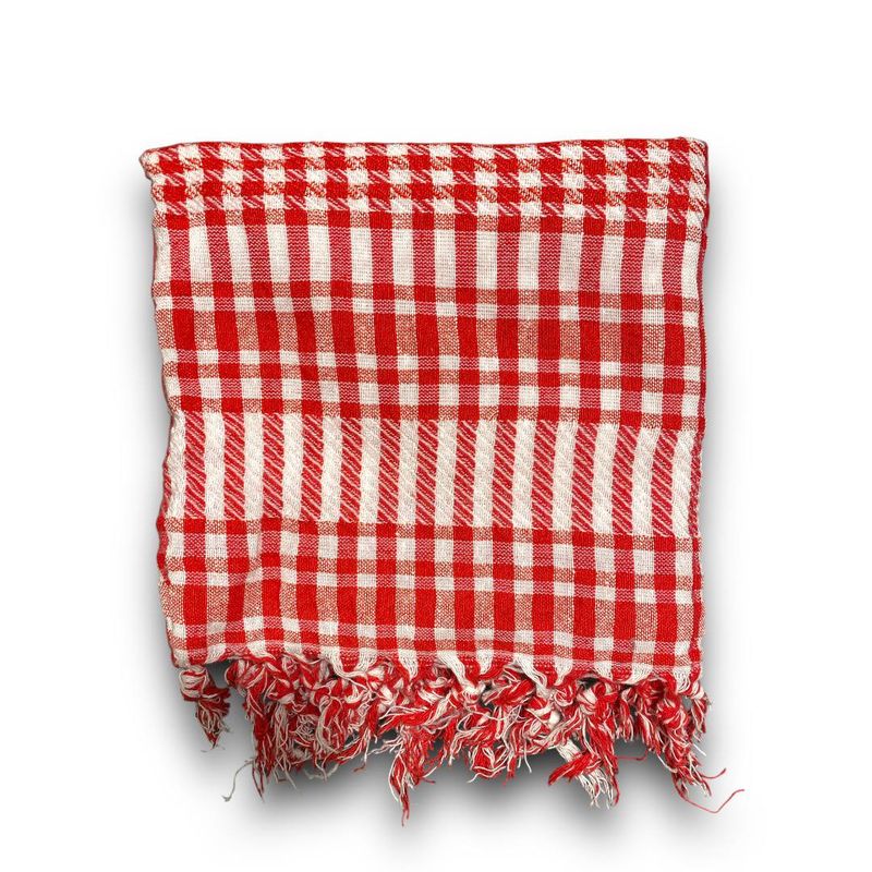 Traditional Red Plaid Shawl - Red &amp; White with Tassels