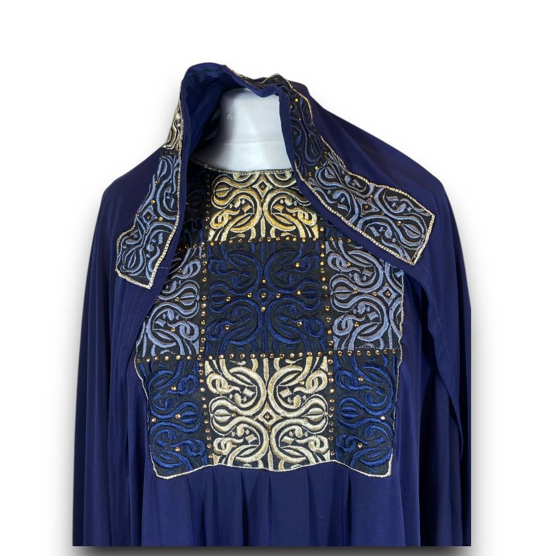 Navy &amp; Gold Patchwork Embroidered Prayer Dress - PD12-  فستان صلاة مطرز برقع كحلي وذهبي