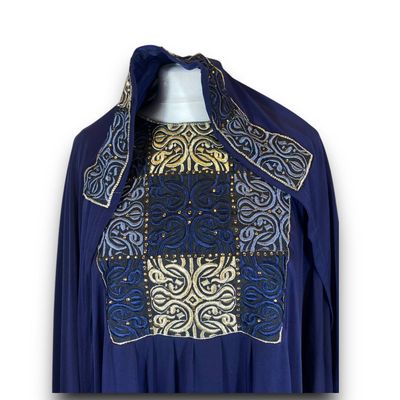 Navy &amp; Gold Patchwork Embroidered Prayer Dress - PD12-  فستان صلاة مطرز برقع كحلي وذهبي