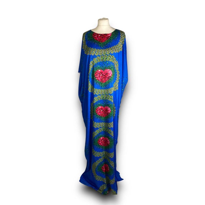 Vibrant Heart-Patterned Diraa - Blue &amp; Red&quot;  2. Brief Description: &quot;Stand out in this stunning dress featurin