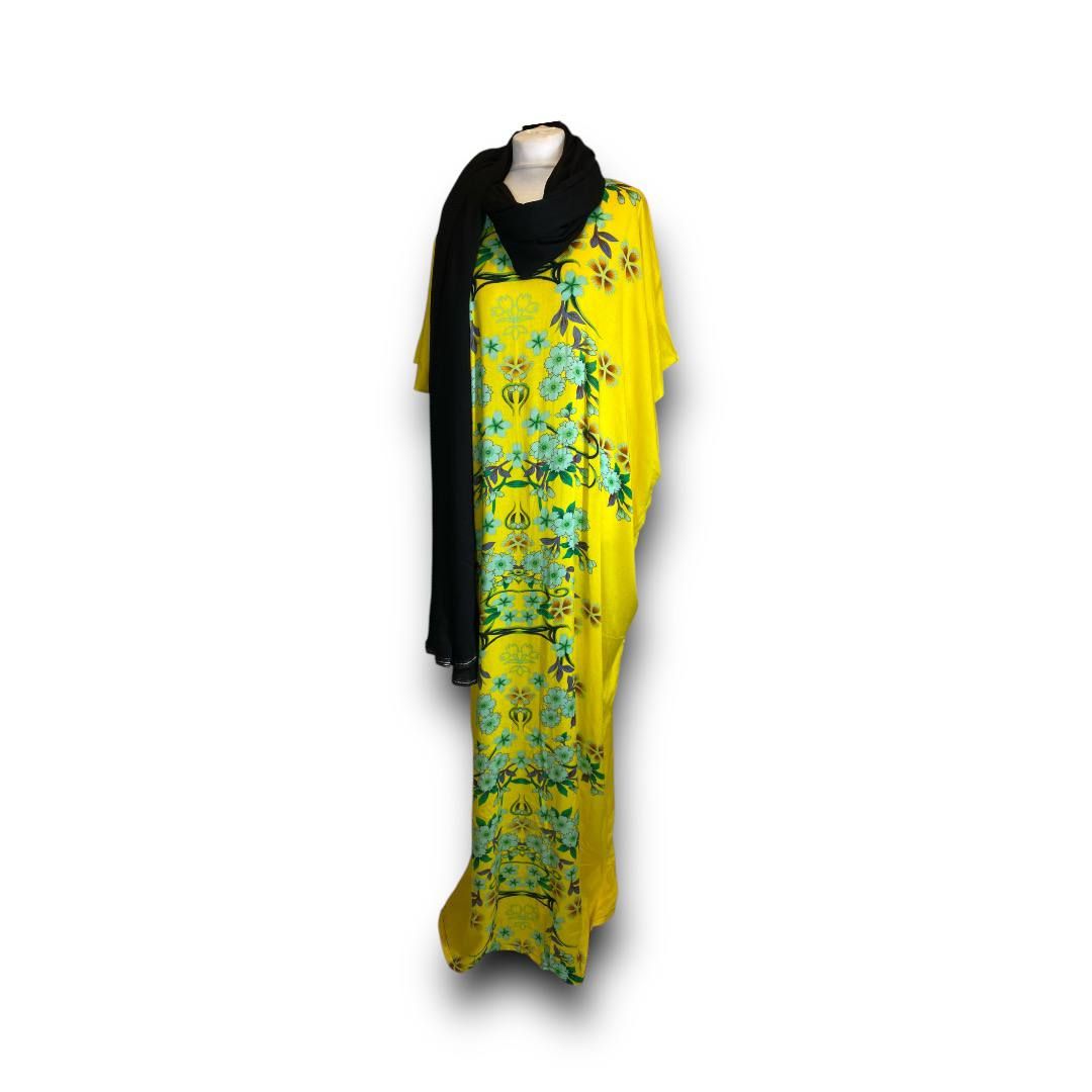 Floral Elegance Diraa with Matching Scarf - Yellow &amp; Blue
