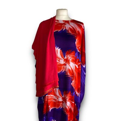 Bold Floral Diraa with Red Scarf - Purple &amp; Red