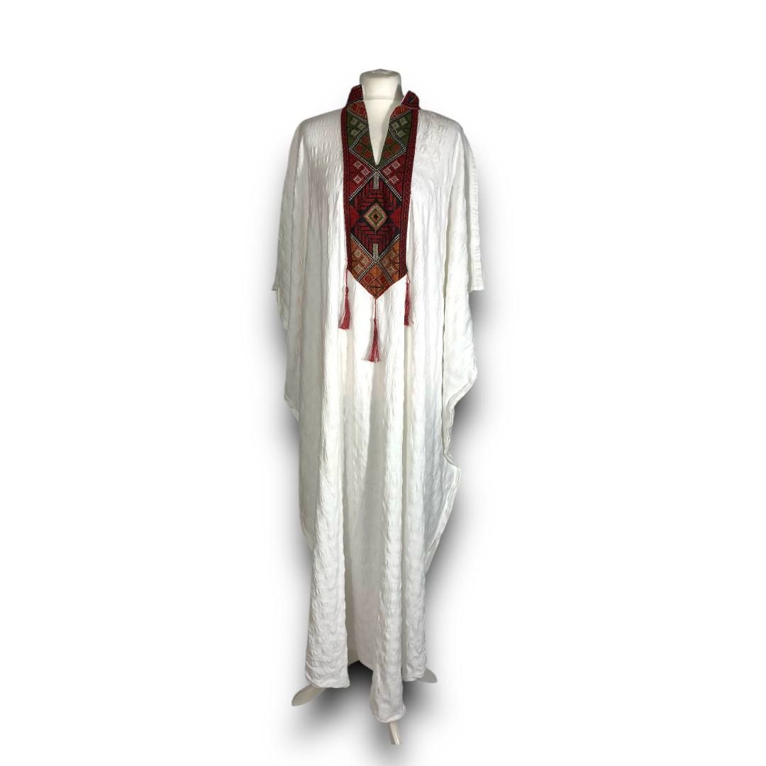 Embroidered White Kaftan with Traditional Tassel Neckline