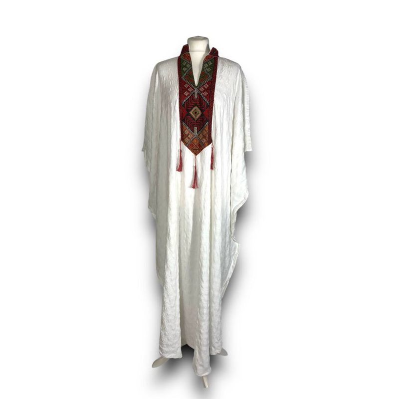 Embroidered White Kaftan with Traditional Tassel Neckline