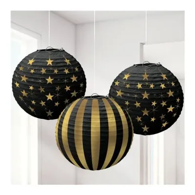 Black and Gold Hanging Paper Lanterns (3pk)