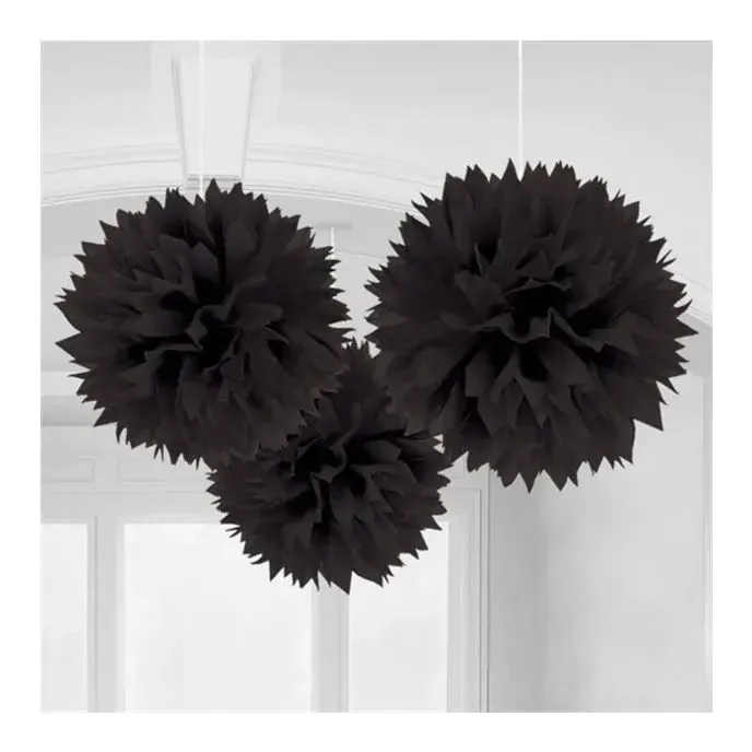 Black Pom Pom Decorations - 40cm (3pk)