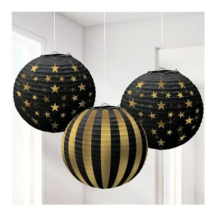 Black and Gold Hanging Paper Lanterns (3pk)