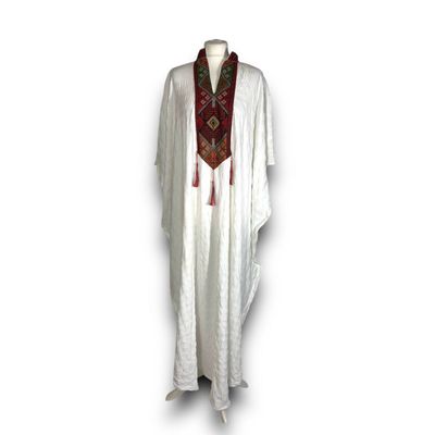 Embroidered White Kaftan with Traditional Tassel Neckline