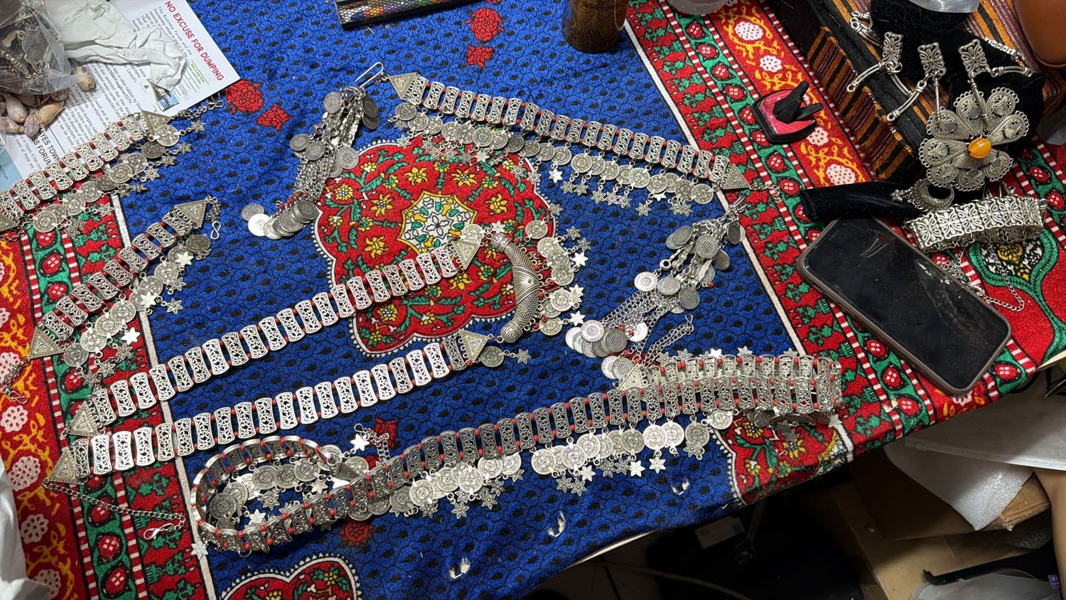 Silver Set 4 - Silver Necklace, Belt, Earrings, Bracelet, Head Piece + طقم ملبس ب الفضة 4  ,سلسلة عنق ,سلسلة يد, سلسلة راس , حزام