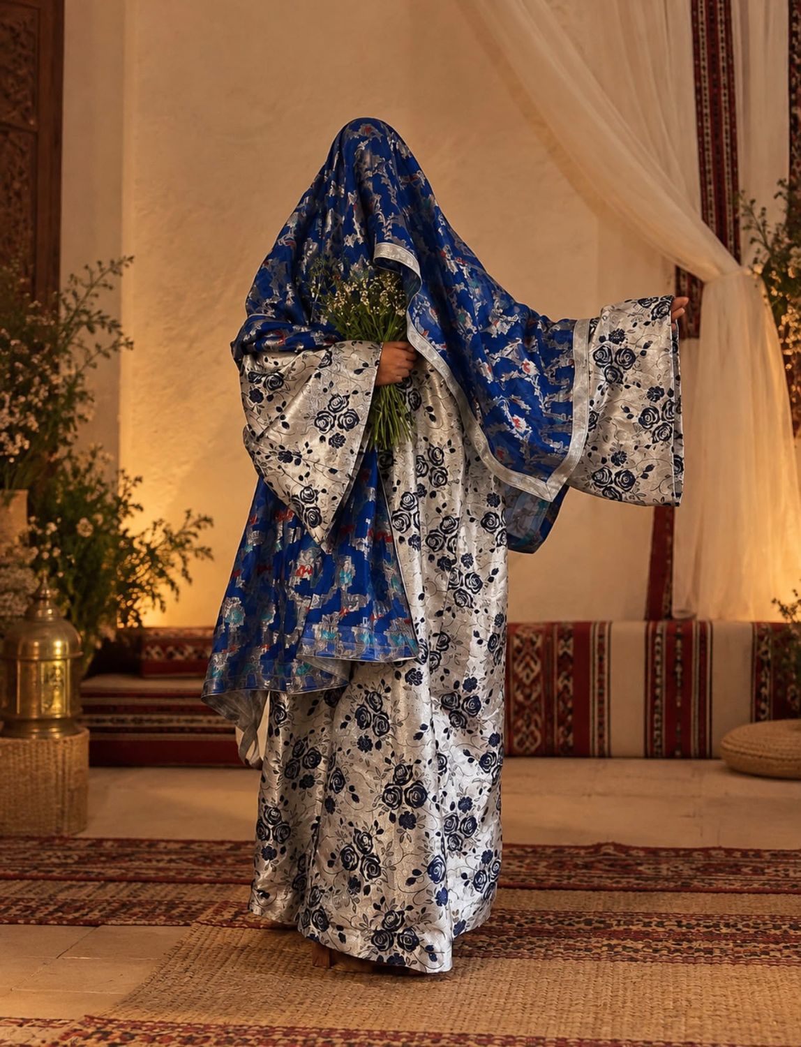Traditional White dress with flowery patterns and a blue shawl - فستان أبيض مع مقرمه زرقاء