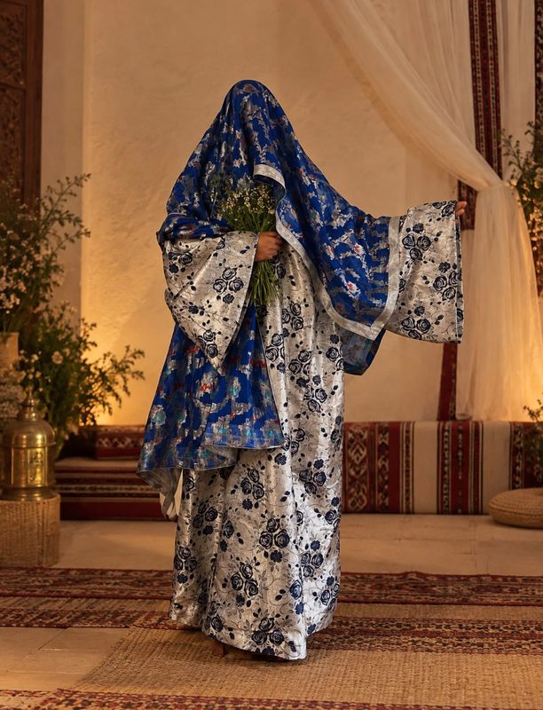 Traditional White dress with flowery patterns and a blue shawl - فستان أبيض مع مقرمه زرقاء