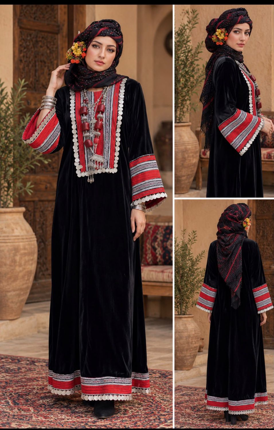 Yemeni Traditional Long Dress with Long Sleeves and a Headpiece-  فستان تقليدي يمني  (يشمل عصبه الرأس + الفستان)