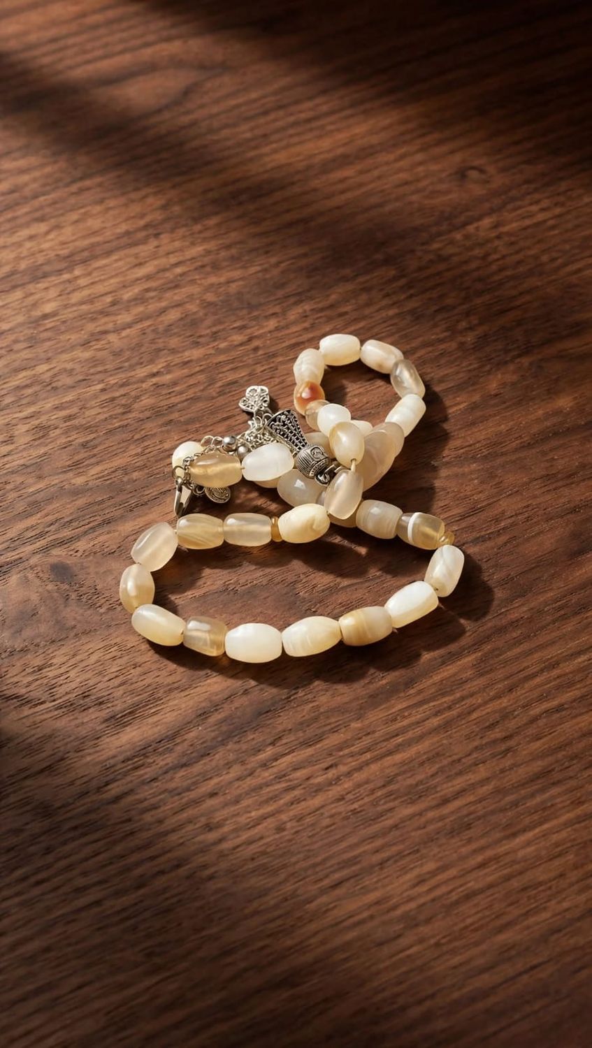 Luxury  Beige— White Agate Tasbih 33 Beads سبحة عقيق يماني لون بيج و أبيض