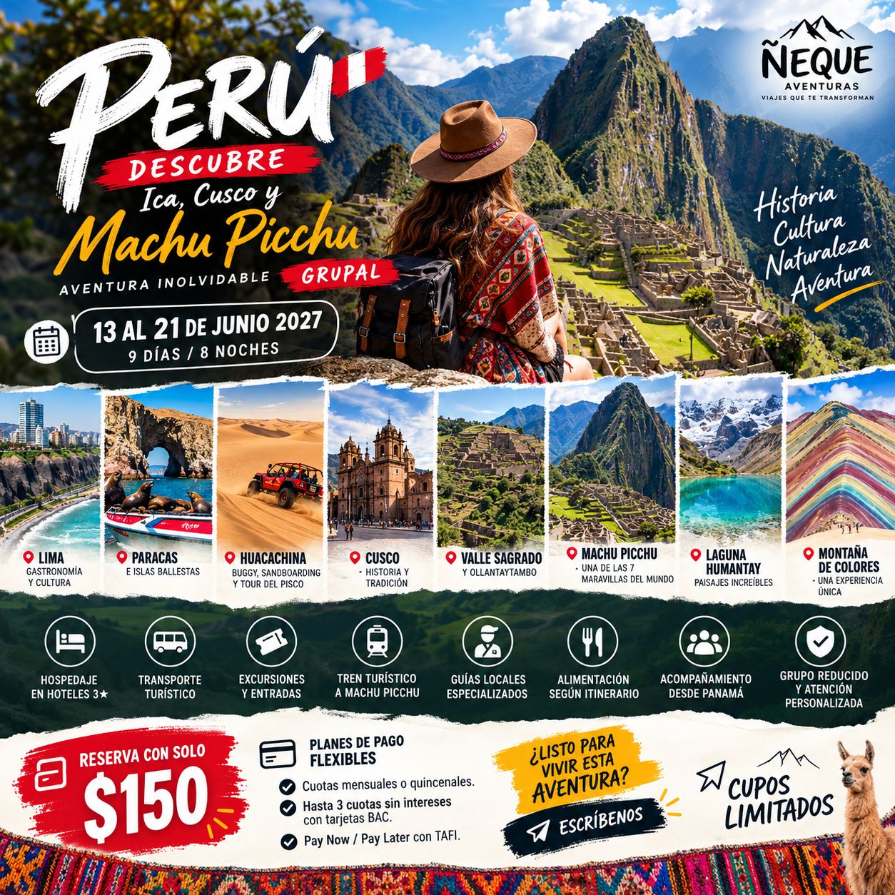 Tour Descubre Perú 2027: Lima, Ica, Cusco y Machu Picchu | 13 al 21 de junio | 9 Días / 8 Noches (GRUPAL)