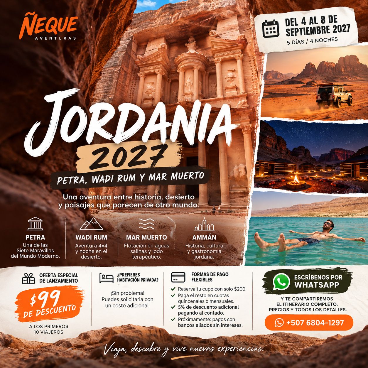 Tour Jordania 2027: Petra, Wadi Rum y Mar Muerto | 4 al 8 de septiembre |