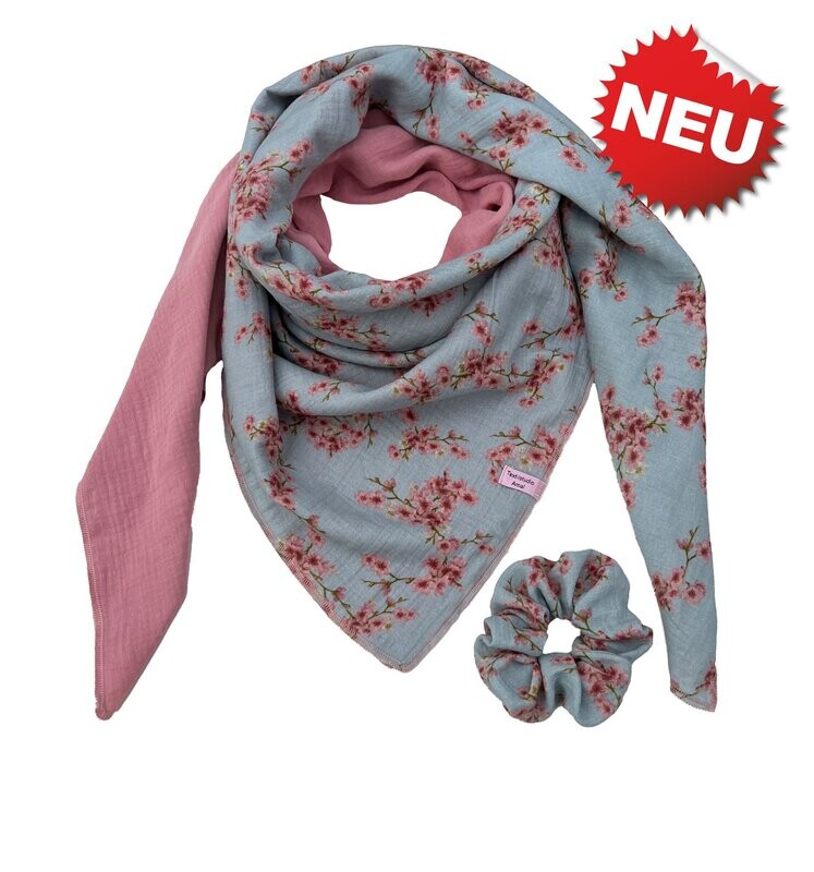Halstuch 2-farbig Graugrün mit Kirschblüten + Scrunchie Gratis Halstuch 2-farbig Graugrün mit Kirschblüten + Scrunchie Gratis