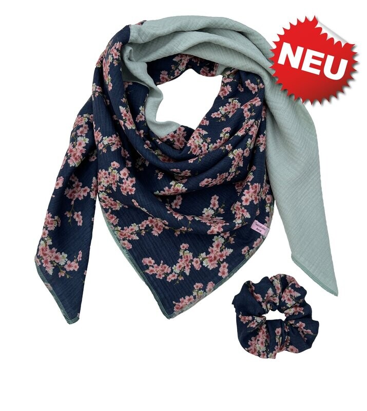 Halstuch 2-farbig Blau mit Kirschblüten + Scrunchie Gratis