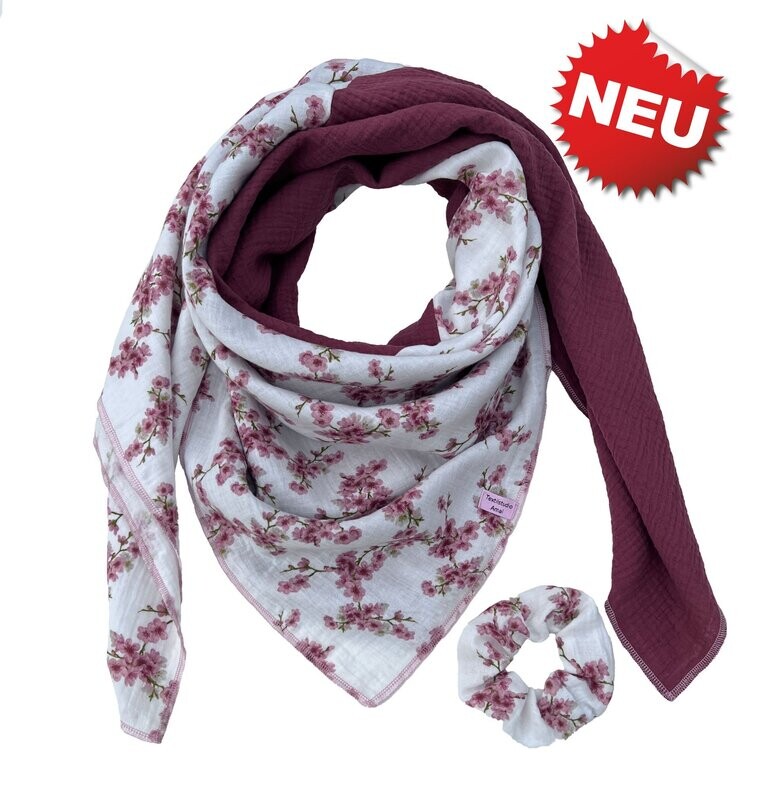 Halstuch 2-farbig Weiß mit Kirschblüten + Scrunchie Gratis Halstuch 2-farbig Weiß mit Kirschblüten + Scrunchie Gratis