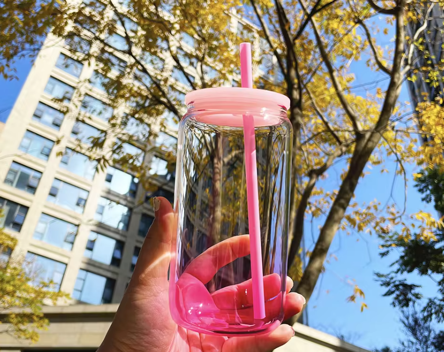 transparent colored ombre gradient jelly 16oz beer soda GLASS can with plastic lids for UV DTF wraps, COLOURS: PINK