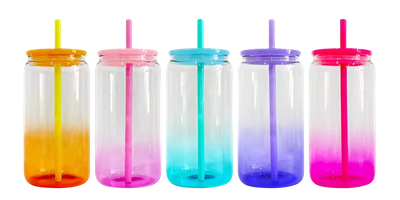 transparent colored ombre gradient jelly 16oz beer soda GLASS can with plastic lids for UV DTF wraps