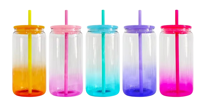 transparent colored ombre gradient jelly 16oz beer soda GLASS can with plastic lids for UV DTF wraps