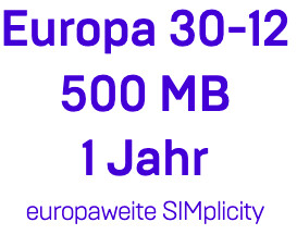Bereitstellung: SIMplicity Top-Up Europa 30-12 500 MB 1 Jahr