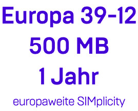 Bereitstellung: SIMplicity Top-Up Europa 39-12 500 MB 1 Jahr