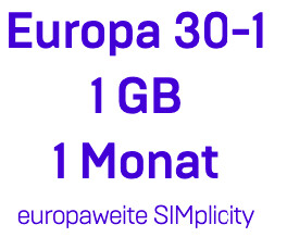 Bereitstellung: SIMplicity Top-Up Europa 30-1 1 GB1 Monat Bereitstellung: SIMplicity Top-Up Europa 30-1 1 GB1 Monat
