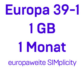 Bereitstellung: SIMplicity Top-Up Europa 39-1 1 GB 1 Monat Bereitstellung: SIMplicity Top-Up Europa 39-1 1 GB 1 Monat